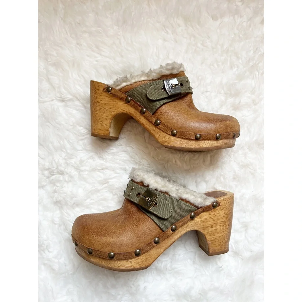 DR. SCHOLL’S Top Gun Wooden Clogs 6 Mules Fur - Picture 1 of 9